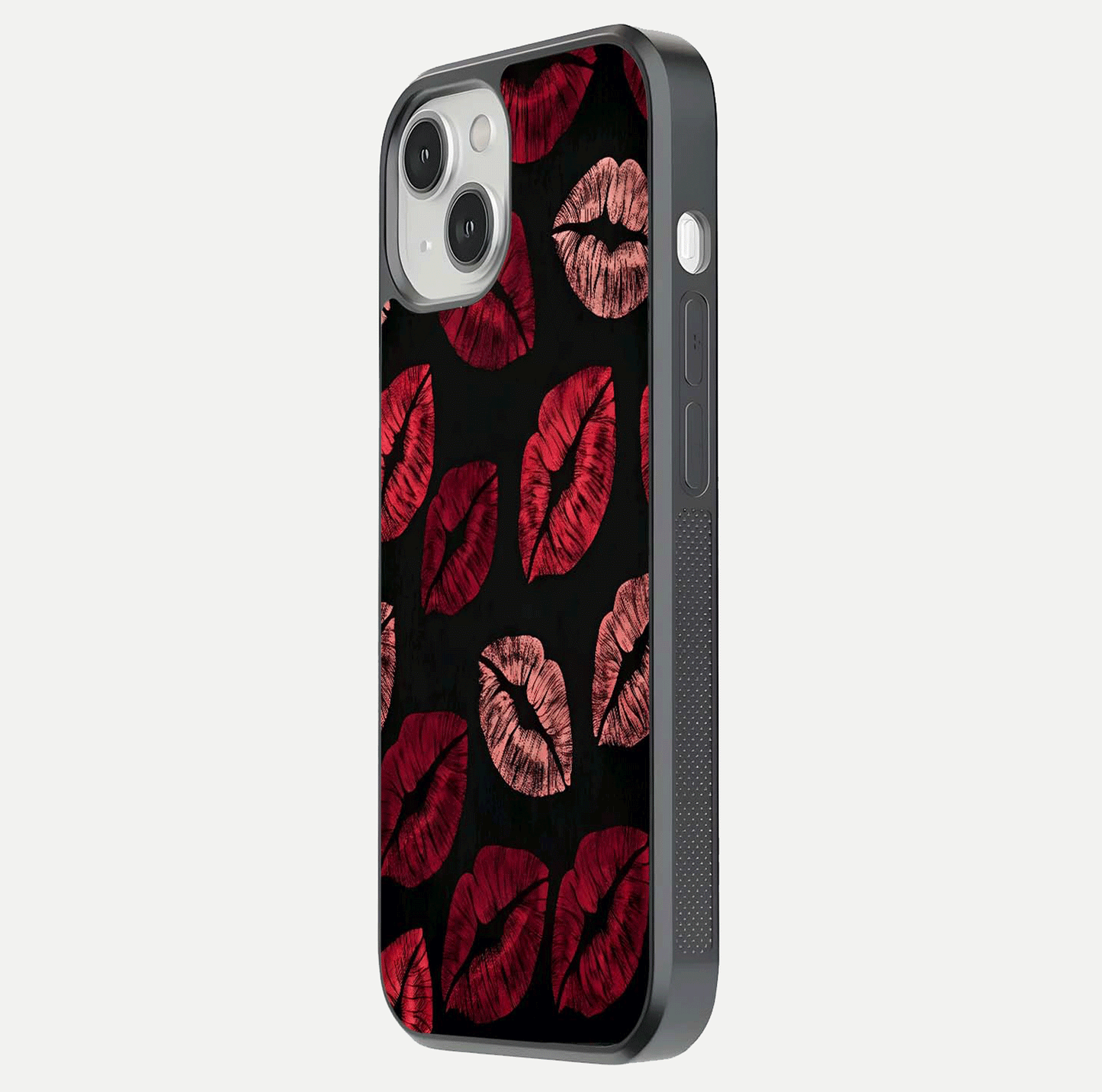 Midnight Kiss Love Glass Case for iPhone 13 Mini side-angle image revealing gloss texture and deep love motif