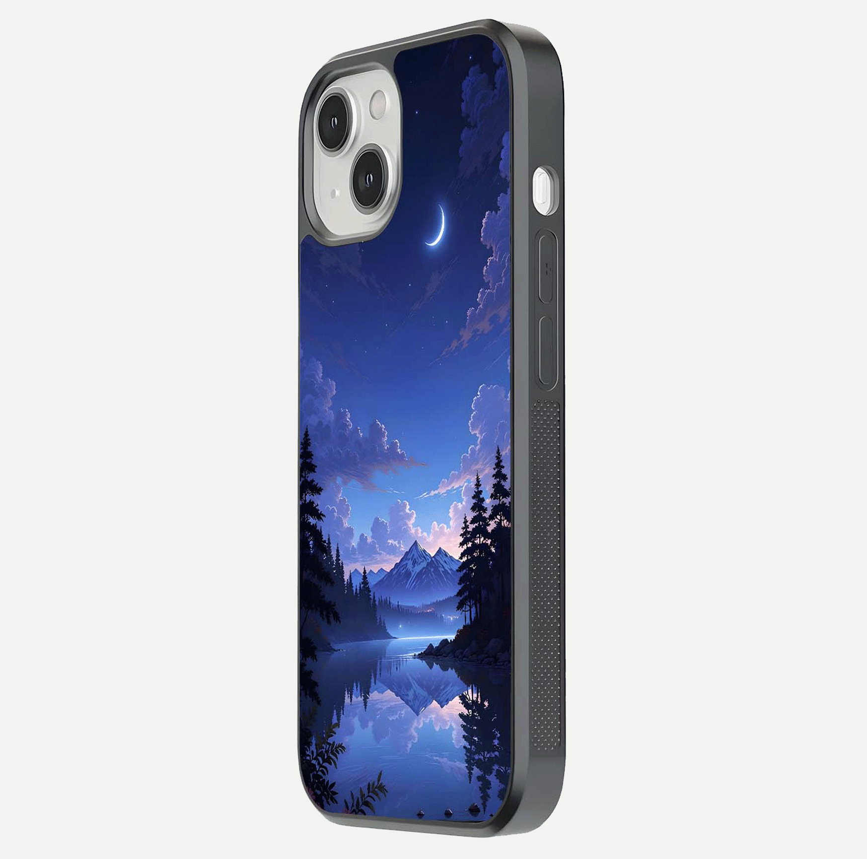 Midnight Lake Peace Glass Case for iPhone 13 Mini side-angle image showing HD shine and tranquil color tones