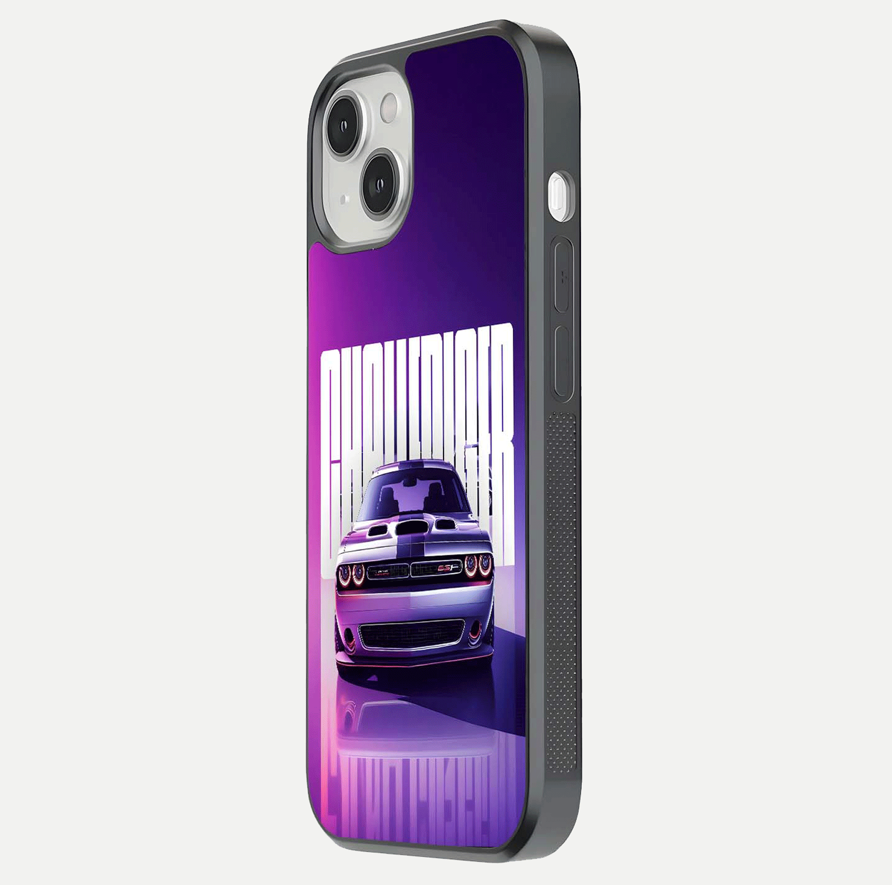 Midnight Muscle Ride Glass Case for iPhone 13 Mini side-angle image showing reflection clarity and bold design