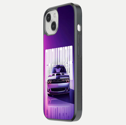 Midnight Muscle Ride Glass Case for iPhone 13 Mini side-angle image showing reflection clarity and bold design