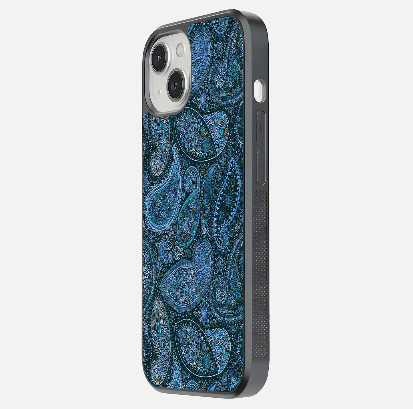 Midnight Paisley Glow Glass Case for iPhone 13 Mini side-angle image revealing reflective gloss and paisley art
