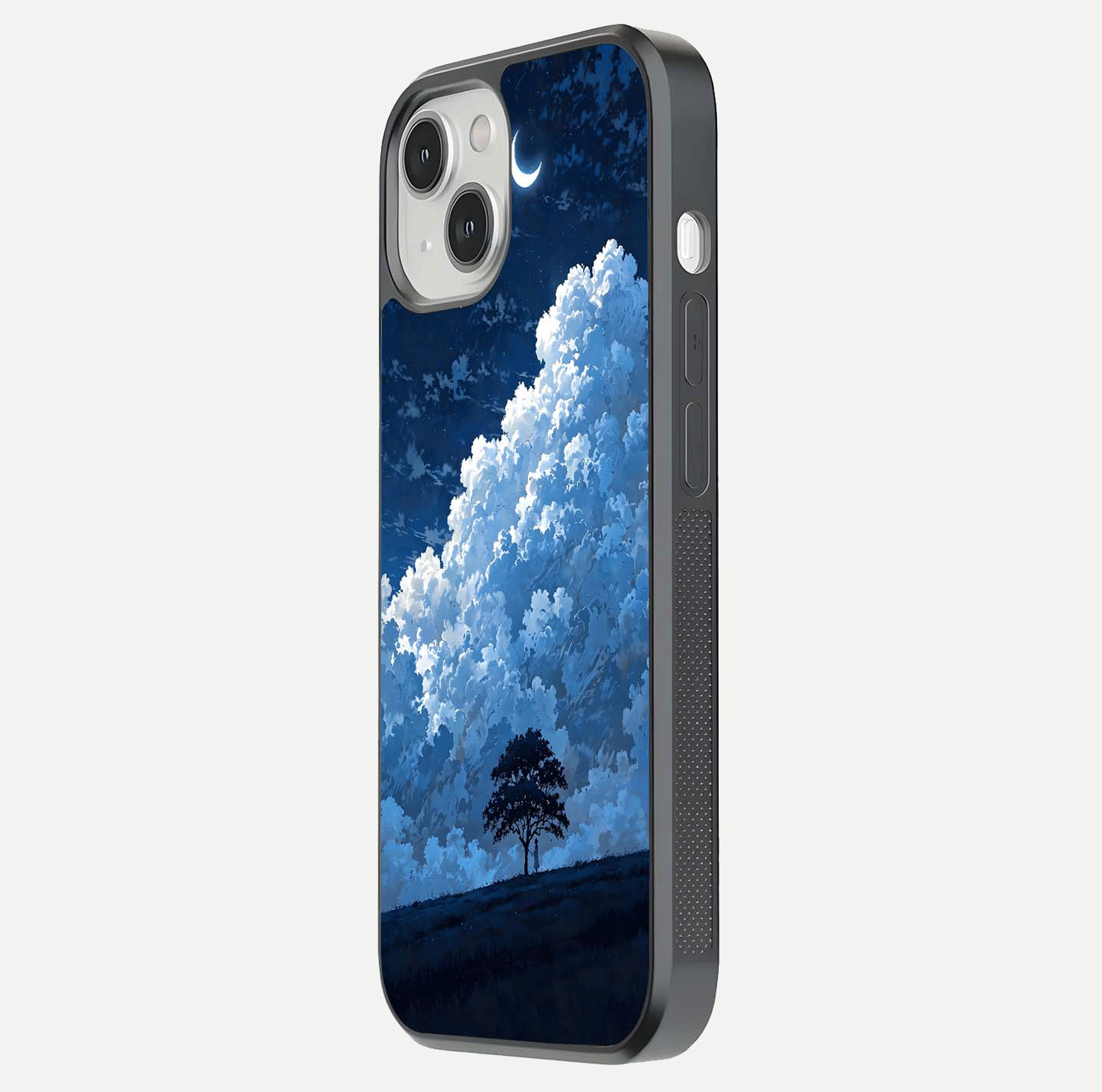 Midnight Sky Serenity Glass Case for iPhone 13 Mini side-angle image showing soft glow and smooth reflection