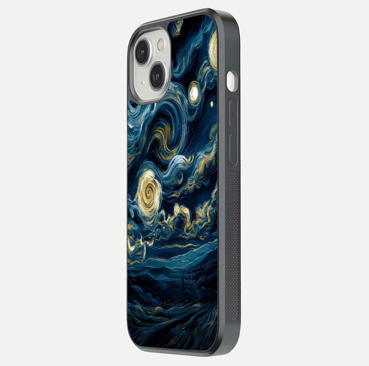 Midnight Sky Whirl Glass Case for iPhone 13 Mini side-angle image showing reflection depth and galaxy pattern