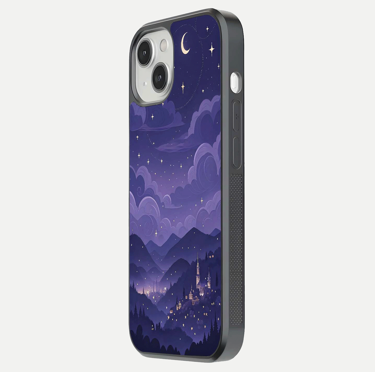 Minimal Night View Glass Case for iPhone 13 Mini side-angle image showing subtle reflection and urban design