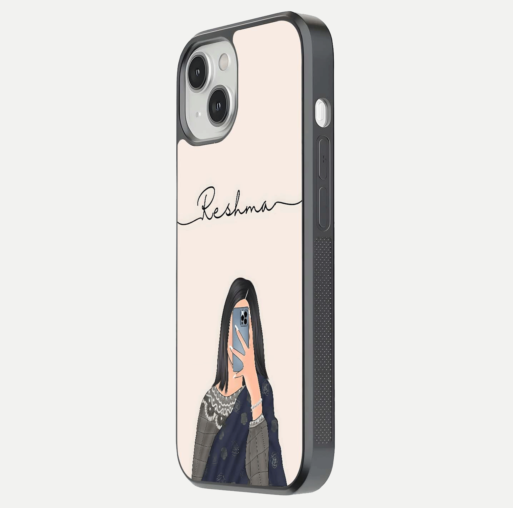 Mirror Mood Muse Custom Name Glass Case for iPhone 13 Mini side-angle image emphasizing glossy mirror texture