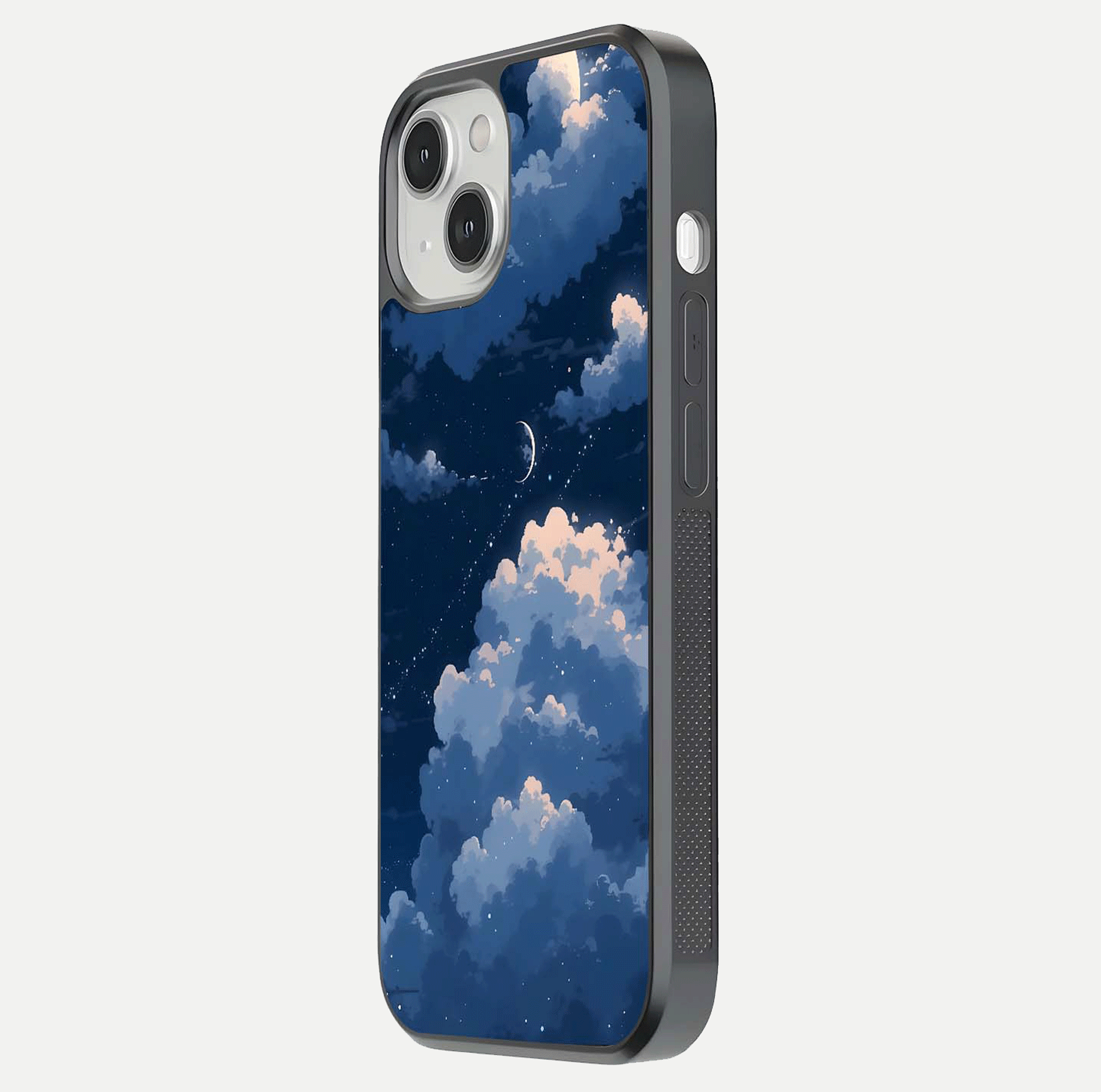 Moon Dream Haze Glass Case for iPhone 13 Mini side-angle image showing HD reflection and moonlight detailing