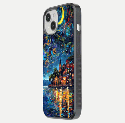 Moonlight Harbor Glow Glass Case for iPhone 13 Mini side-angle image showing reflective surface and ocean tones