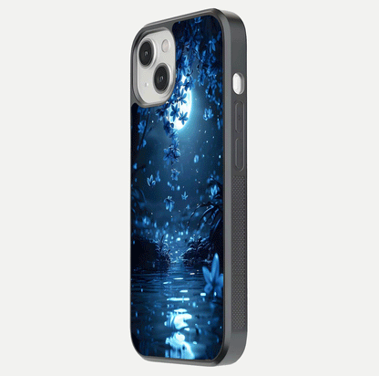 Moonlight Petal Dream Glass Case for iPhone 13 Mini side-angle image showing reflection and petal detail