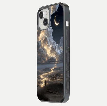 Moonlight Spark Path Glass Case for iPhone 13 Mini side-angle image showing reflection and moonlit detail