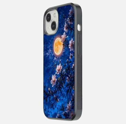 Moonlit Blossoms Night Glass Case for iPhone 13 Mini side-angle image revealing shine and night bloom texture