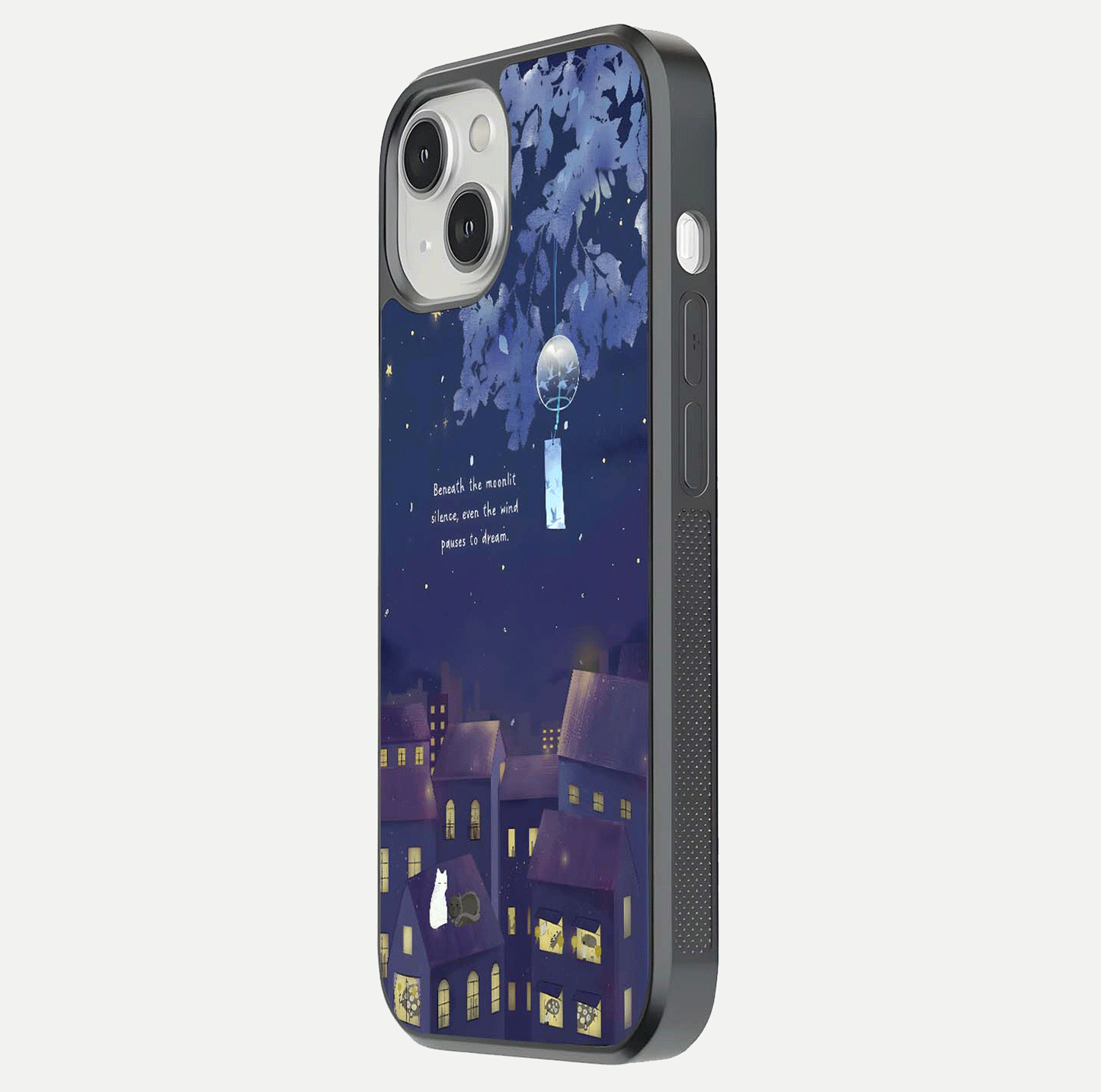 Moonlit Cat Silence Glass Case for iPhone 13 Mini side-angle image showing HD gloss and feline artwork detail