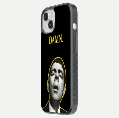 Mr Bean Damn Glass Case for iPhone 13 Mini side-angle image emphasizing HD print clarity and playful theme