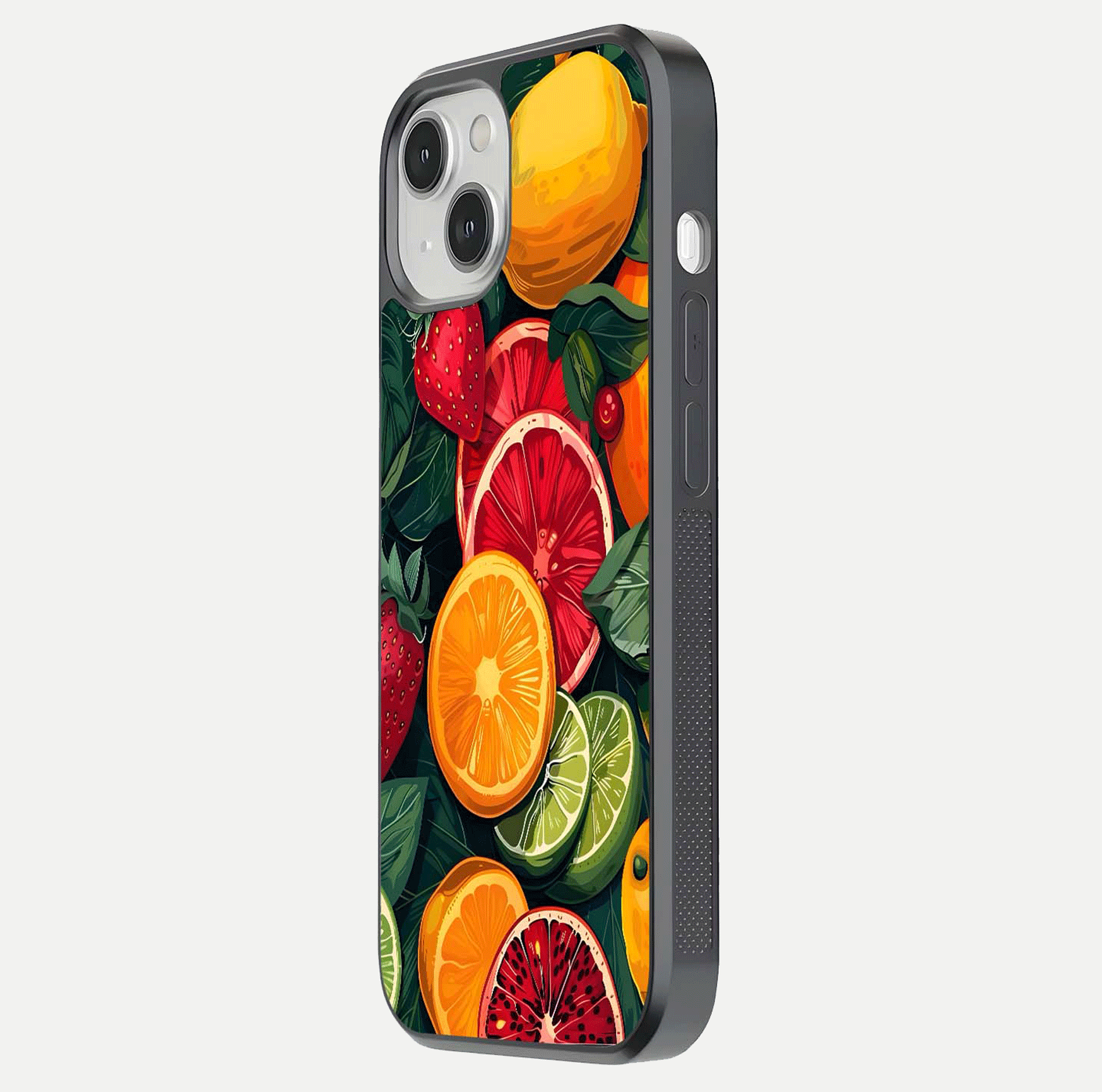 Multiple Fruits Glass Case for iPhone 13 Mini side-angle image showing glossy surface and vivid fruit pattern
