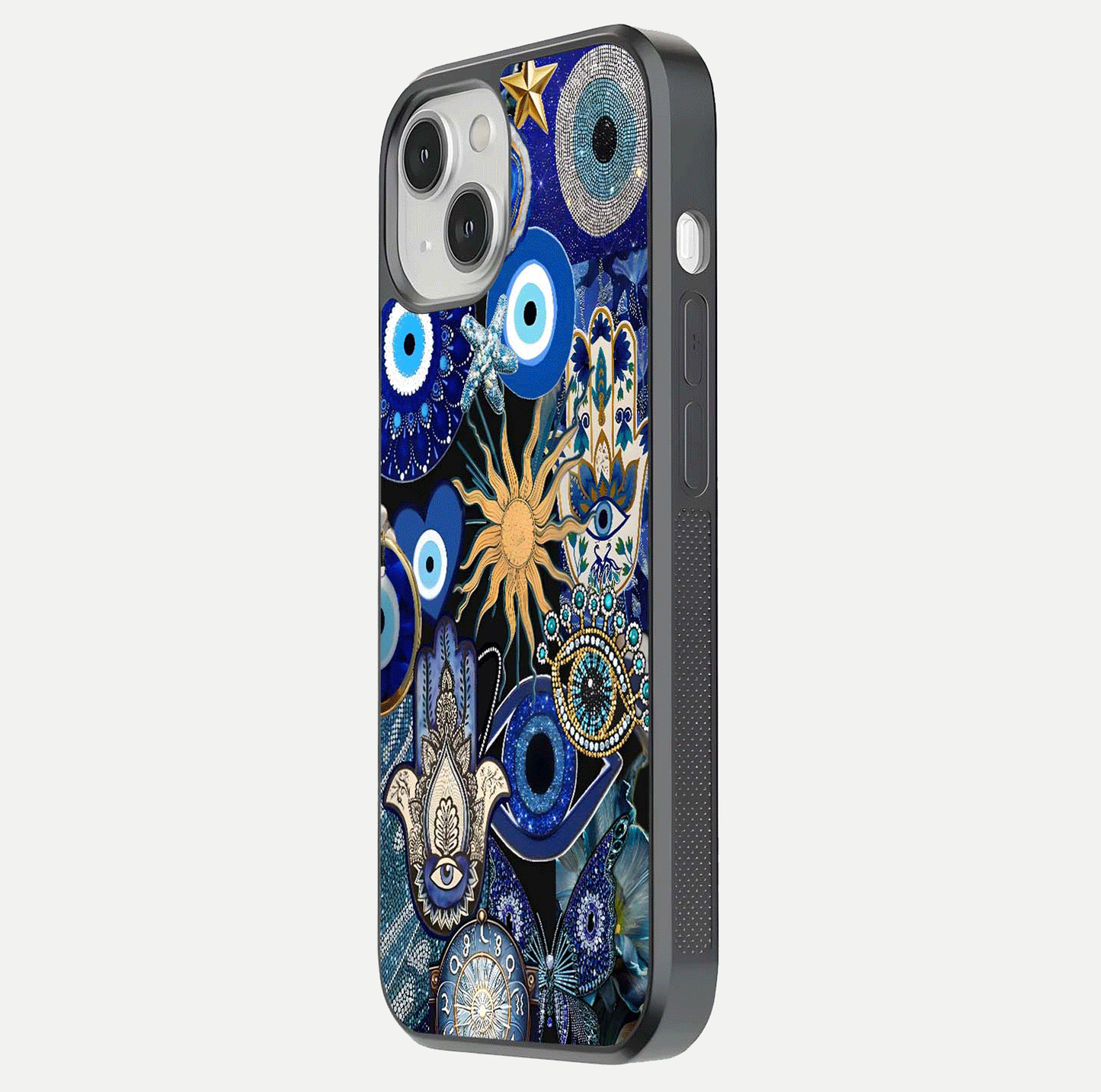 Mystic Blue Evil Eye Glass Case for iPhone 13 Mini side-angle image showing smooth gloss and charm design