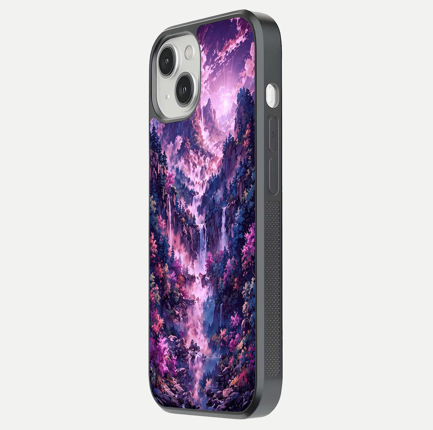 Mystic Cascade Peaks Glass Case for iPhone 13 Mini side-angle image showing reflection and scenic art clarity