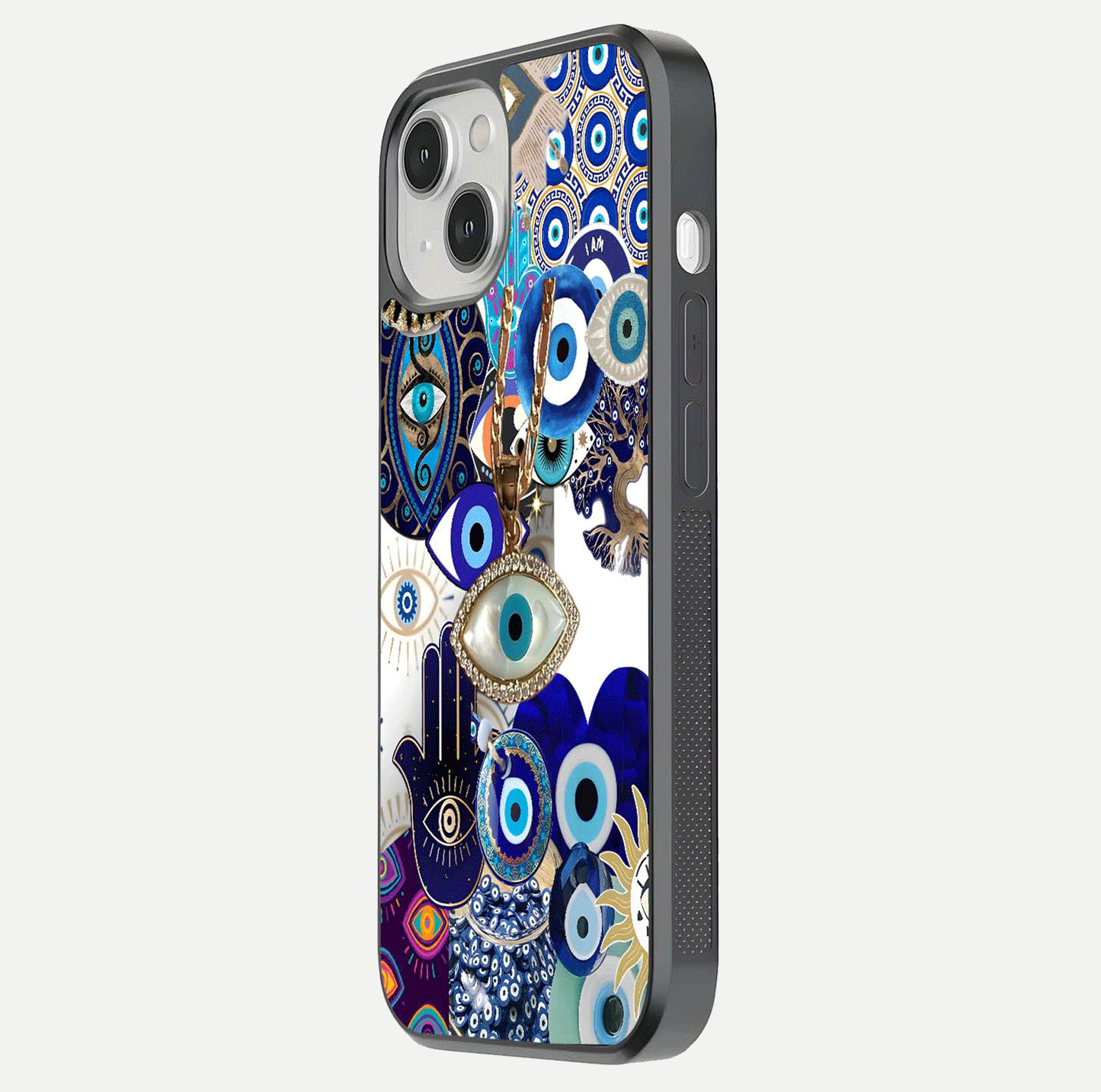 Mystic Charm Eye Glass Case for iPhone 13 Mini side-angle image showing HD reflection and sacred tone