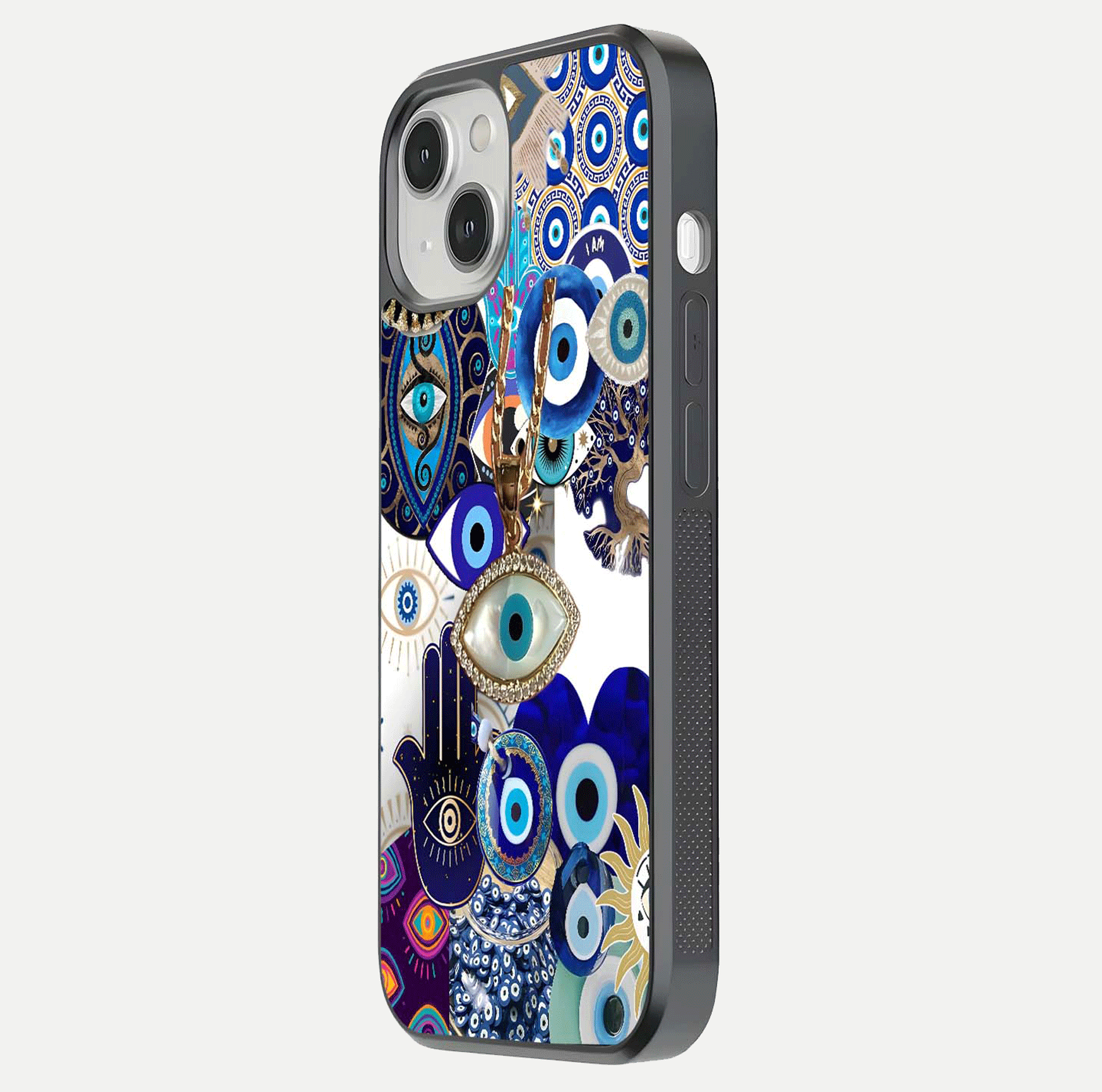Mystic Charm Eye Glass Case for iPhone 13 Mini side-angle image showing HD reflection and sacred tone