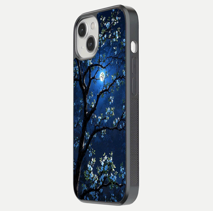Mystic Floral Night Glass Case for iPhone 13 Mini side-angle image showing gloss surface and midnight floral tones