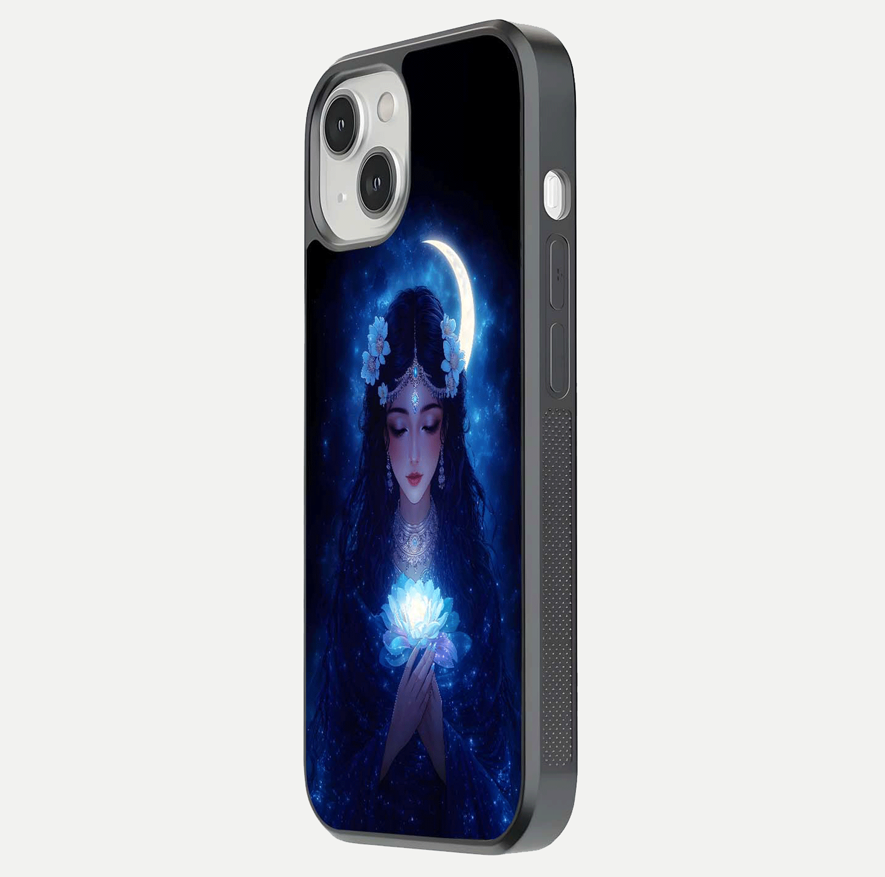 Mystic Moon Queen Glass Case for iPhone 13 Mini side-angle image showing reflection and celestial details