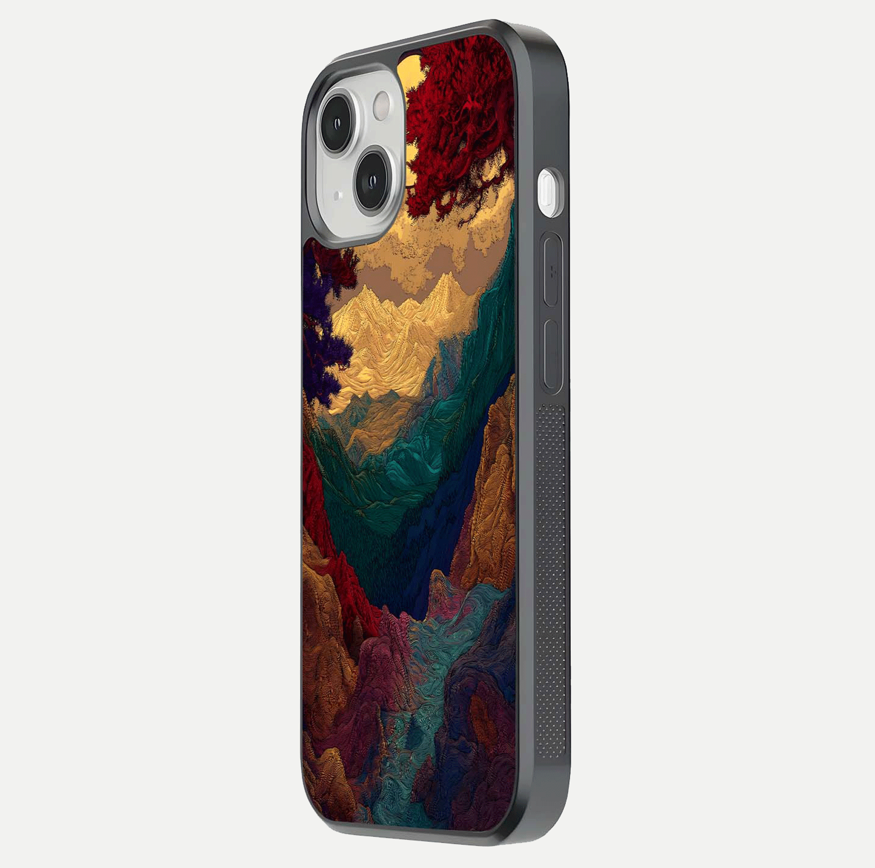 Mystic Valley Light Glass Case for iPhone 13 Mini side-angle image showing shine and peaceful hues