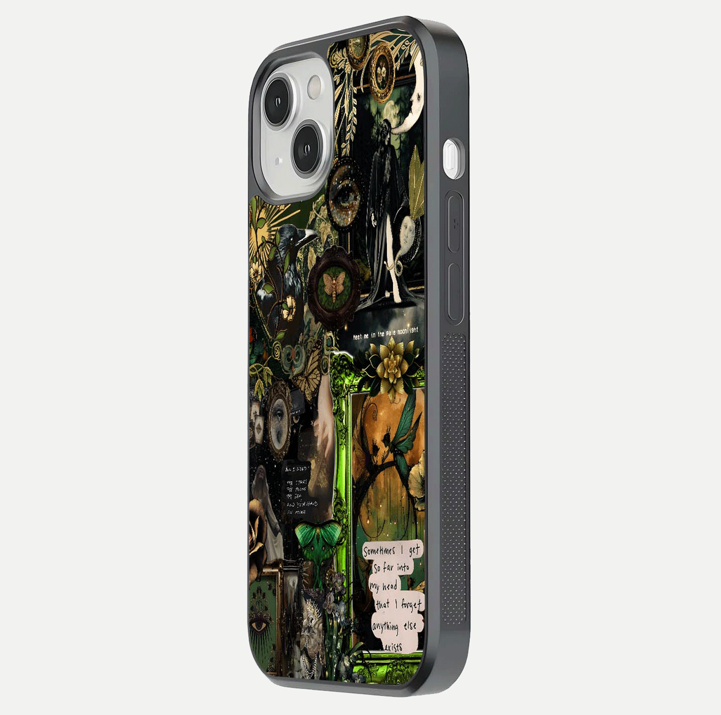 Mystic Woods Secret Glass Case for iPhone 13 Mini side-angle image showing gloss reflection and forest pattern