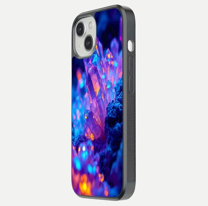 Neon Aura Shards Glass Case for iPhone 13 Mini side-angle image showing light depth and glossy contrast