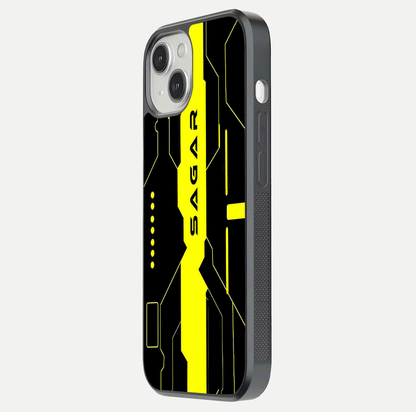Neon CYBERPUNK Custom Name Glass Case for iPhone 13 Mini side-angle image showing glow depth and bold print