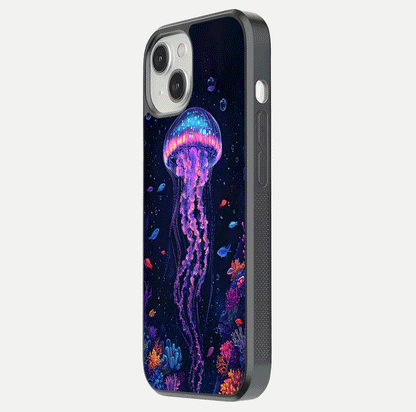 Neon Jellyfish Glass Case for iPhone 13 Mini side-angle image showing reflection and oceanic light detailing
