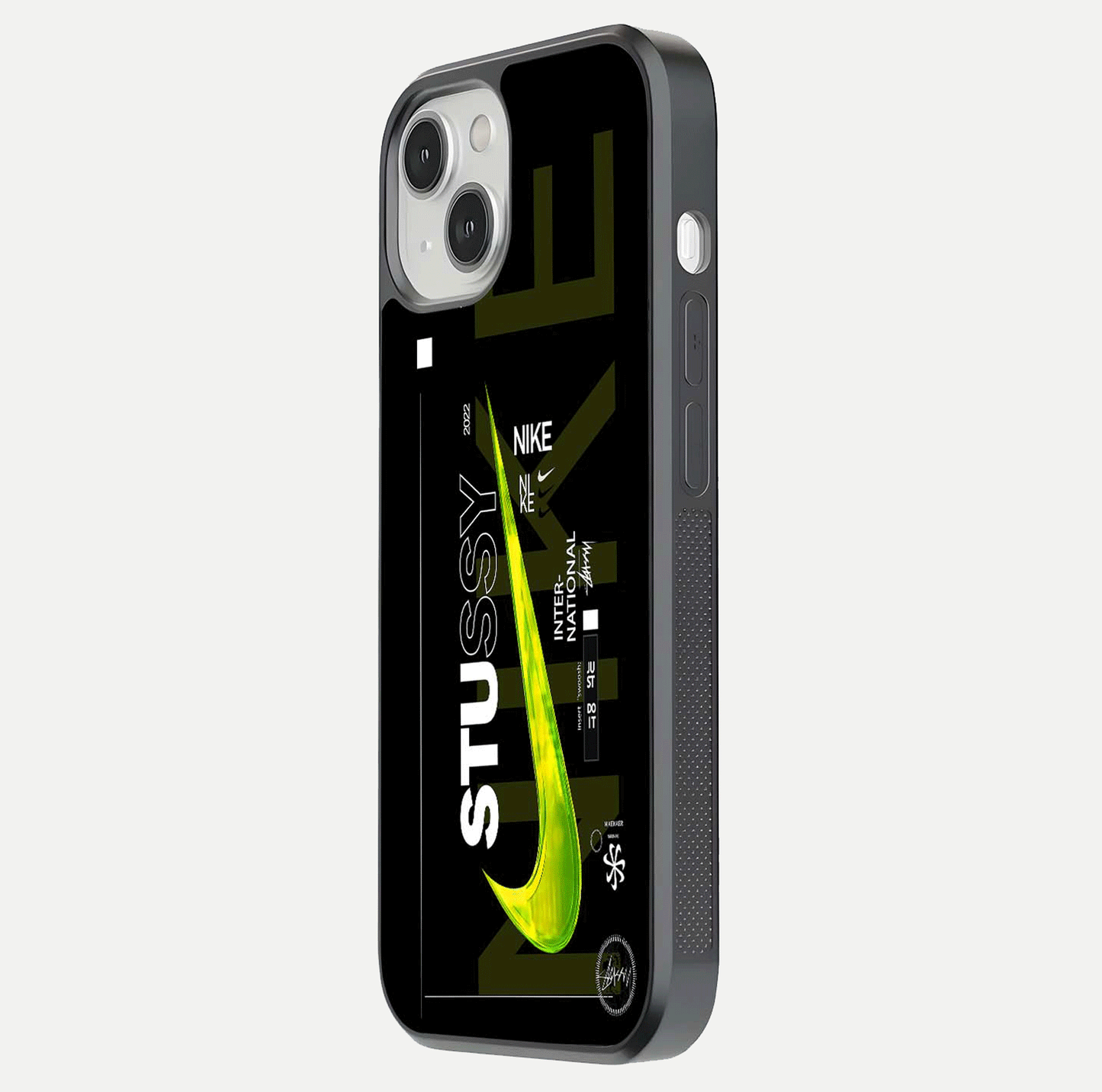 Neon Street Edition Glass Case for iPhone 13 Mini side-angle image showing reflection depth and modern tones