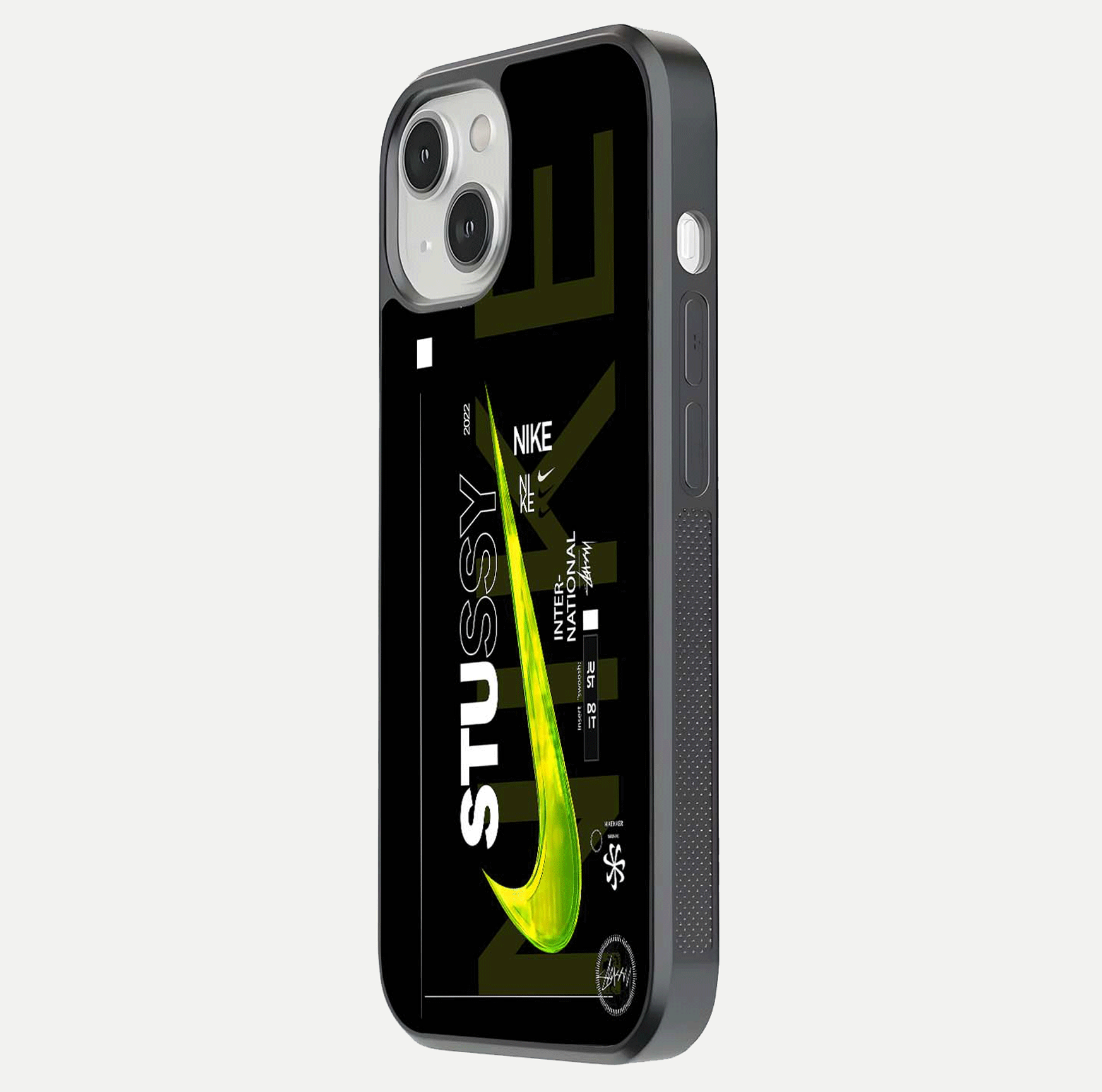 Neon Street Edition Glass Case for iPhone 13 Mini side-angle image showing reflection depth and modern tones