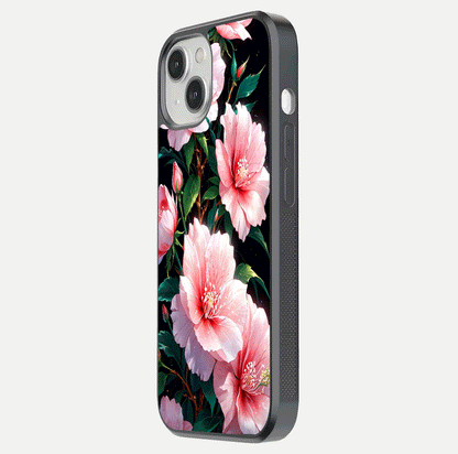 Peach Flower Glass Case for iPhone 13 Mini side-angle image showing gloss depth and peach blossom detail
