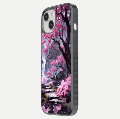 Pinkish Scenery Glass Case for iPhone 13 Mini side-angle image showing depth, gloss, and scenic details
