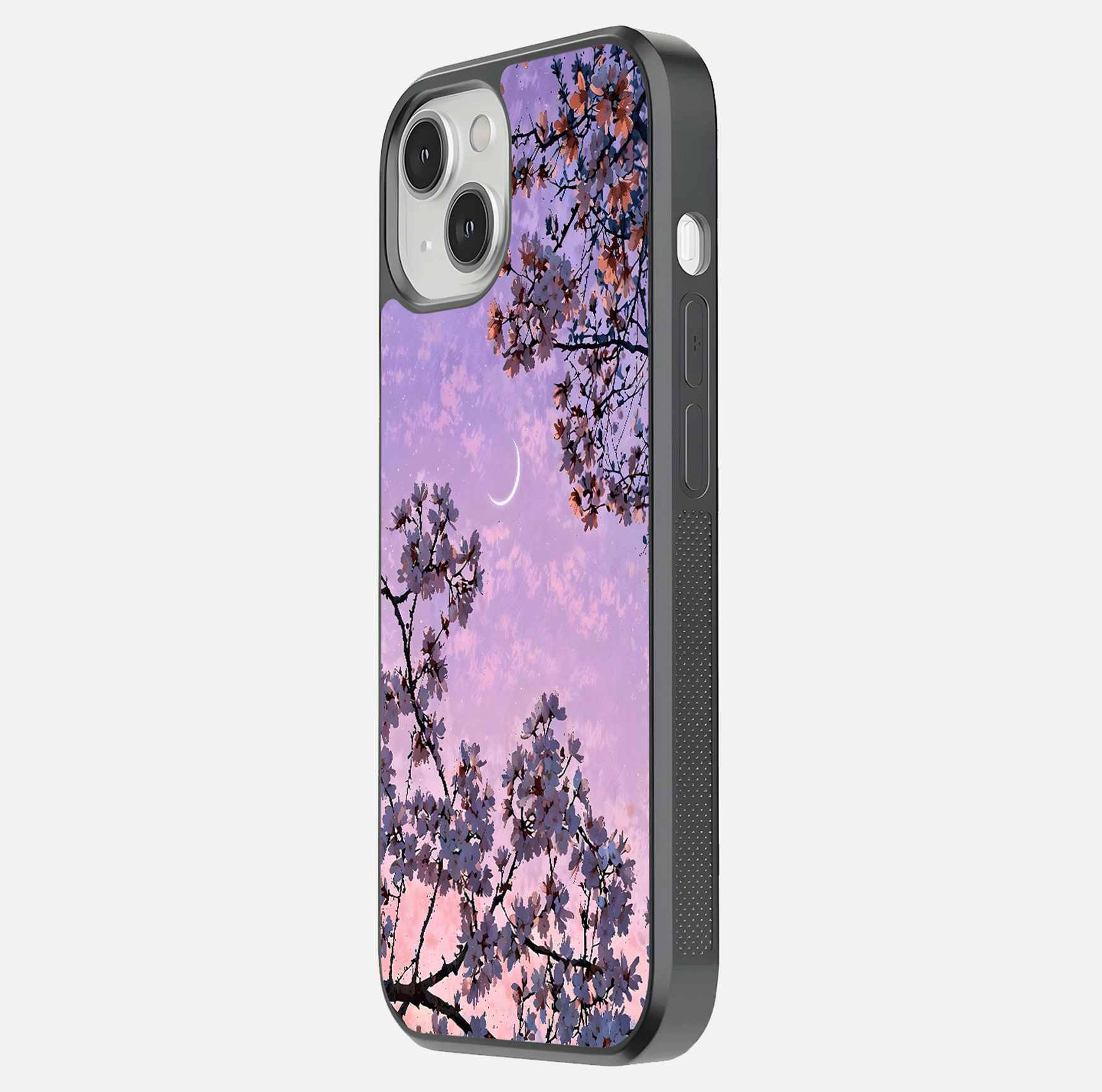 Purple Serenity Moon Glass Case for iPhone 13 Mini side-angle image showing reflection and lunar art precision