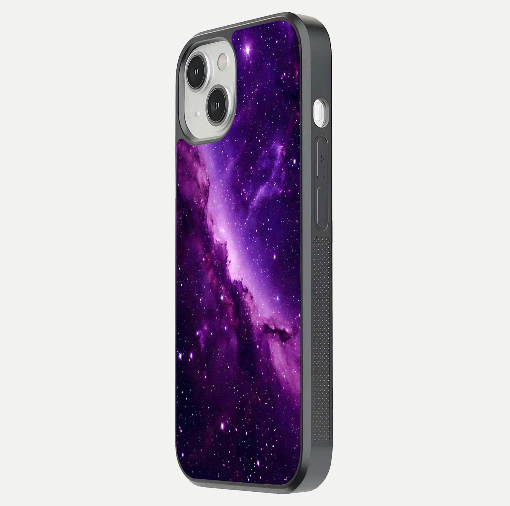 Purple Shade Sky Glass Case for iPhone 13 Mini side-angle image showing shine and soft violet blend