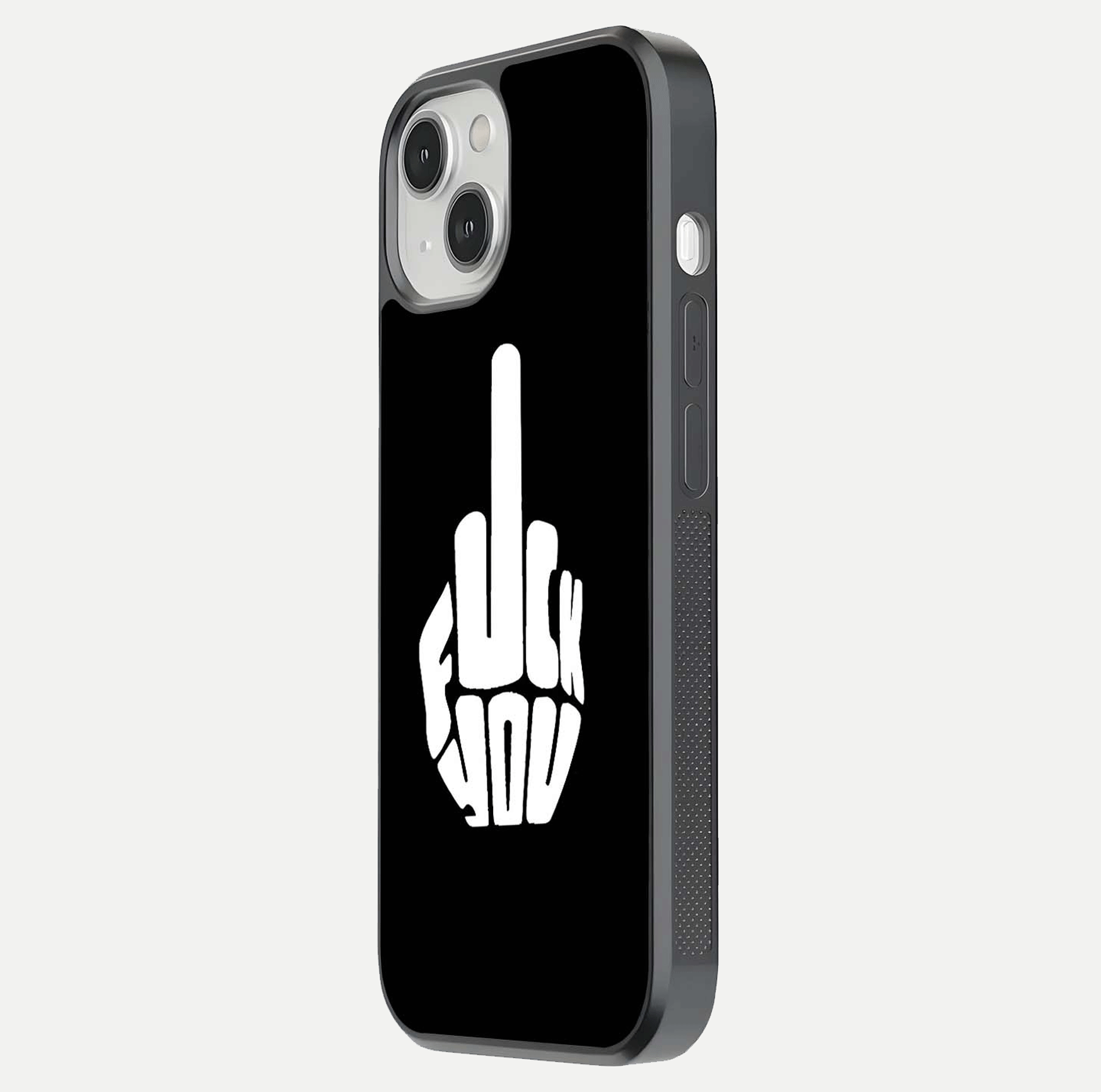 Rebel Mode On Glass Case for iPhone 13 Mini side-angle image showing reflection, edge detail, and text clarity