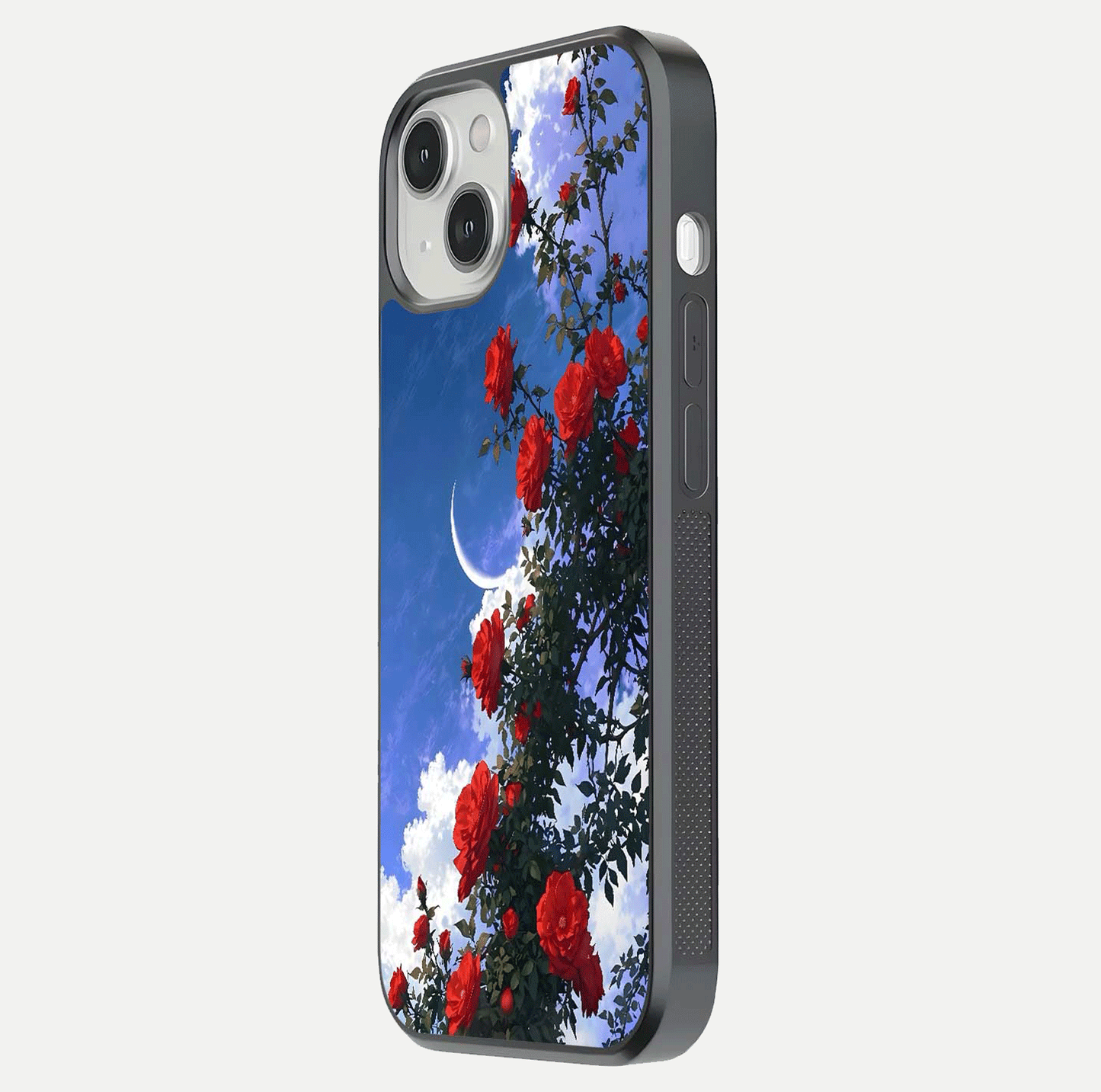 Rose Drift Flowers Glass Case for iPhone 13 Mini side-angle image showing reflection and petal detail