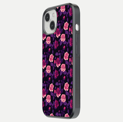 Rose Garden Twilight Glass Case for iPhone 13 Mini side-angle image showing reflection, gloss, and floral detail