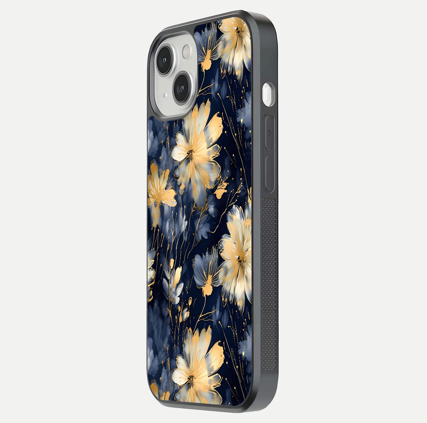 Royal Petal Dream Glass Case for iPhone 13 Mini side-angle image showing smooth edges and royal bloom details