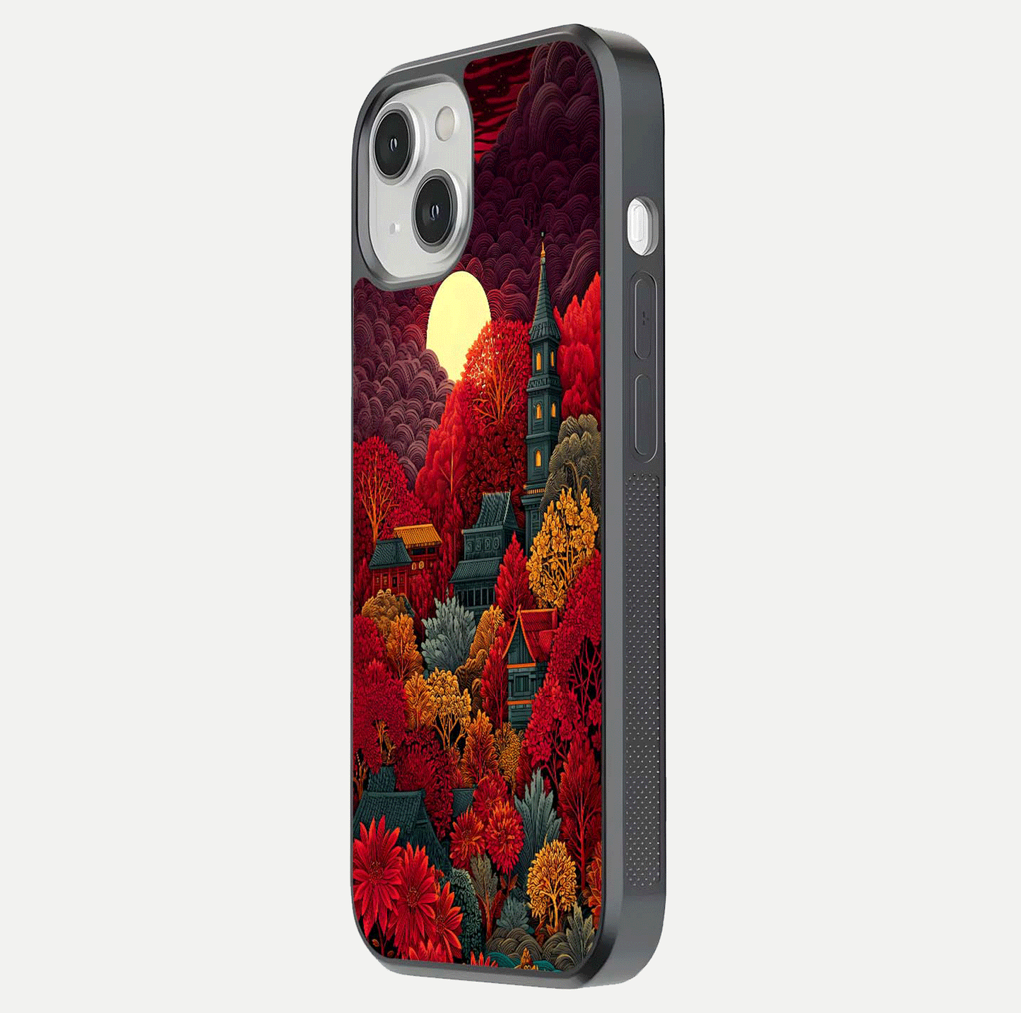 Scarlet Autumn Temple Glass Case for iPhone 13 Mini side-angle image showing color depth and reflection clarity