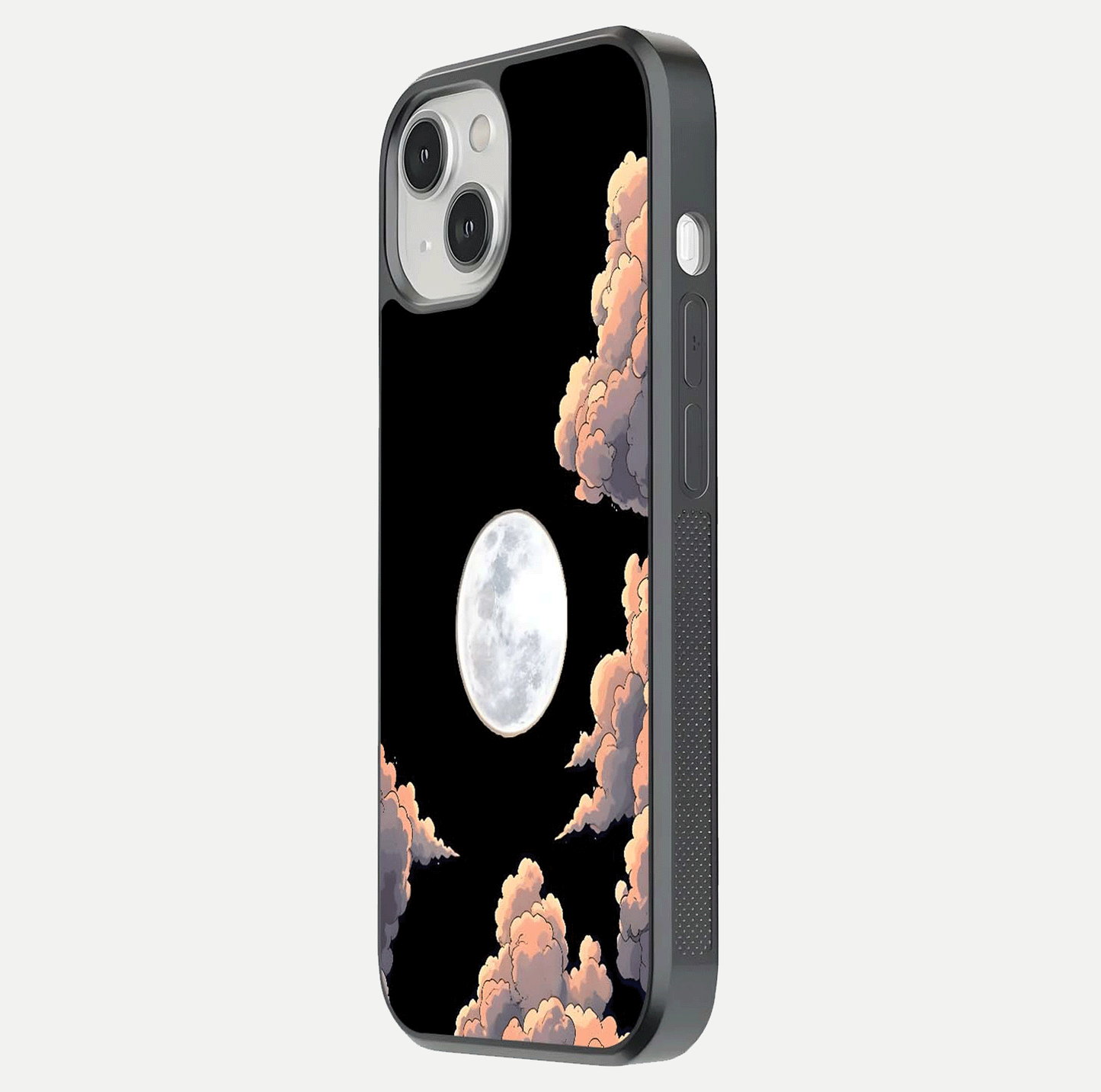 Shade Cloud Moon Glass Case for iPhone 13 Mini side-angle image showing reflection and night-sky detail