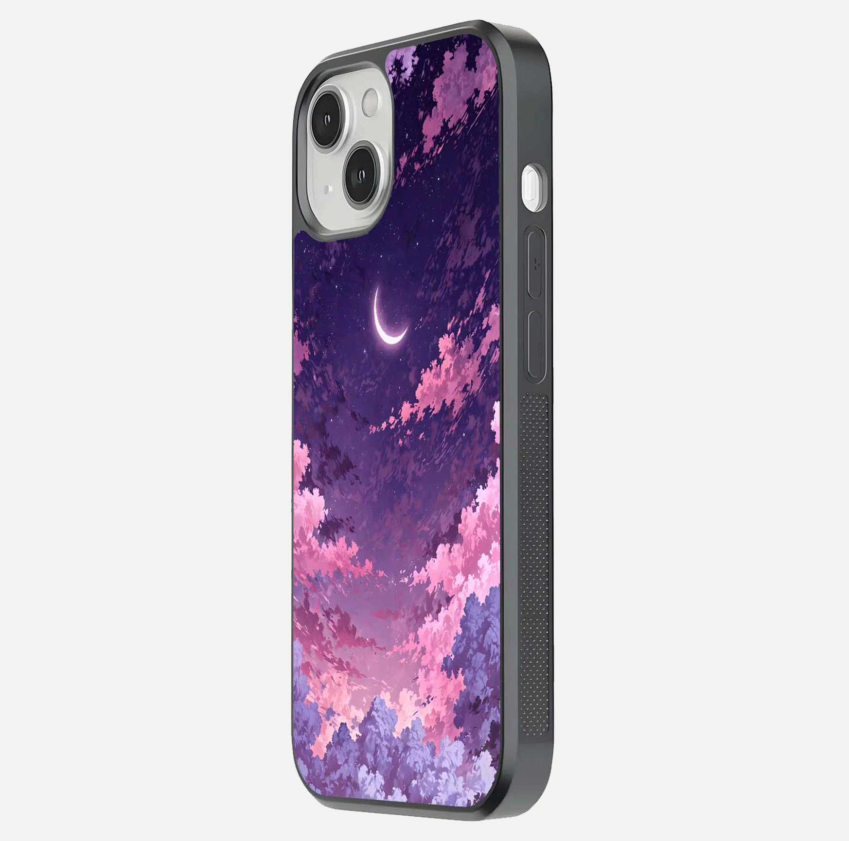 Sky Drift Clouds Glass Case for iPhone 13 Mini side-angle image showing reflection, blue tones, and soft gradient