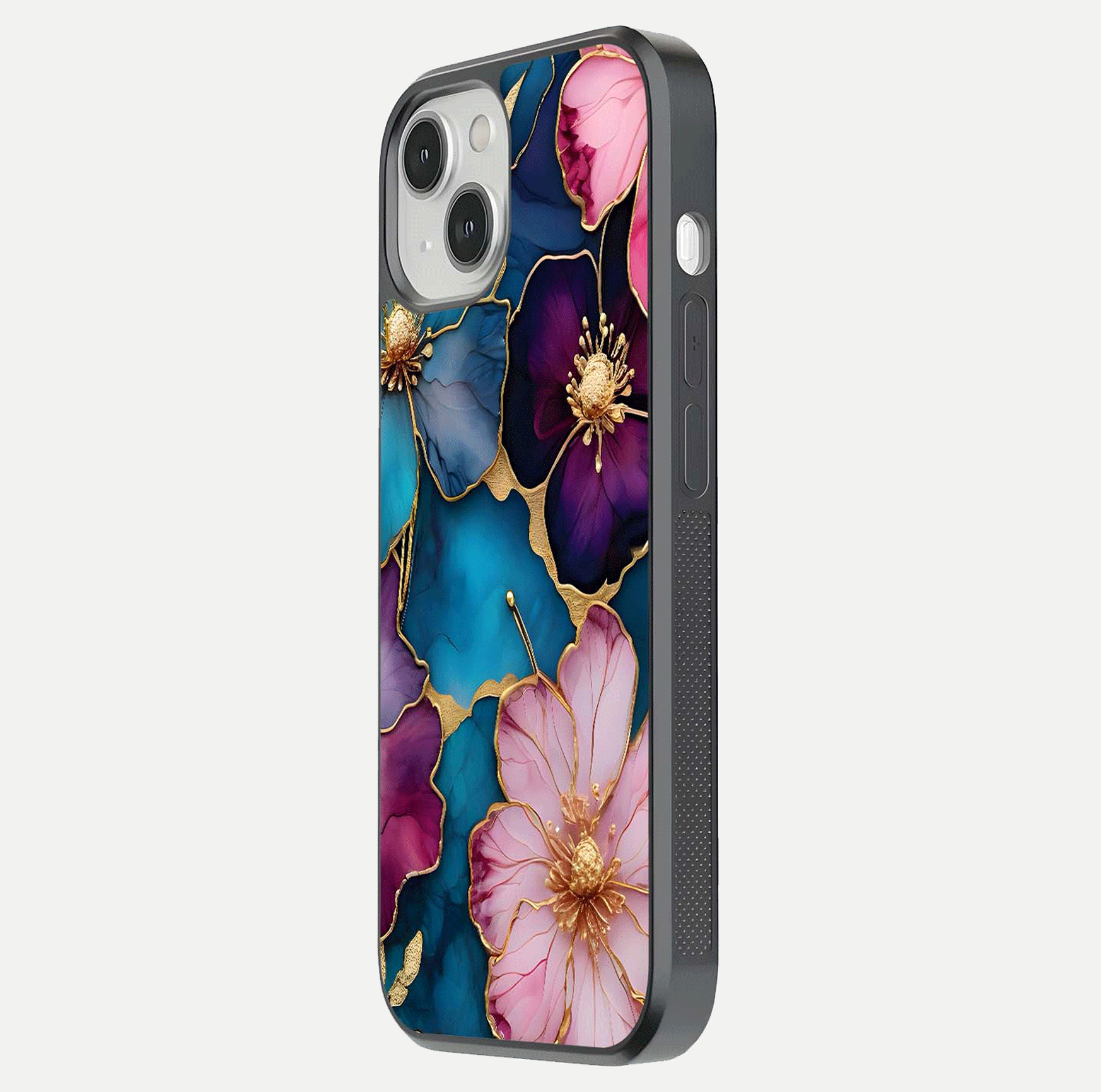 Sparkle Floral Glass Case for iPhone 13 Mini side-angle image showing reflection, gloss, and floral texture