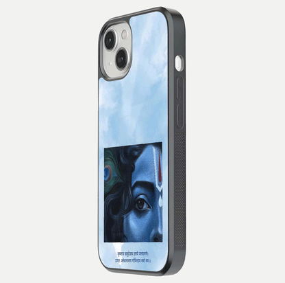 Spiritual Krishna Glass Case for iPhone 13 Mini side-angle image showing reflection and vivid artwork clarity