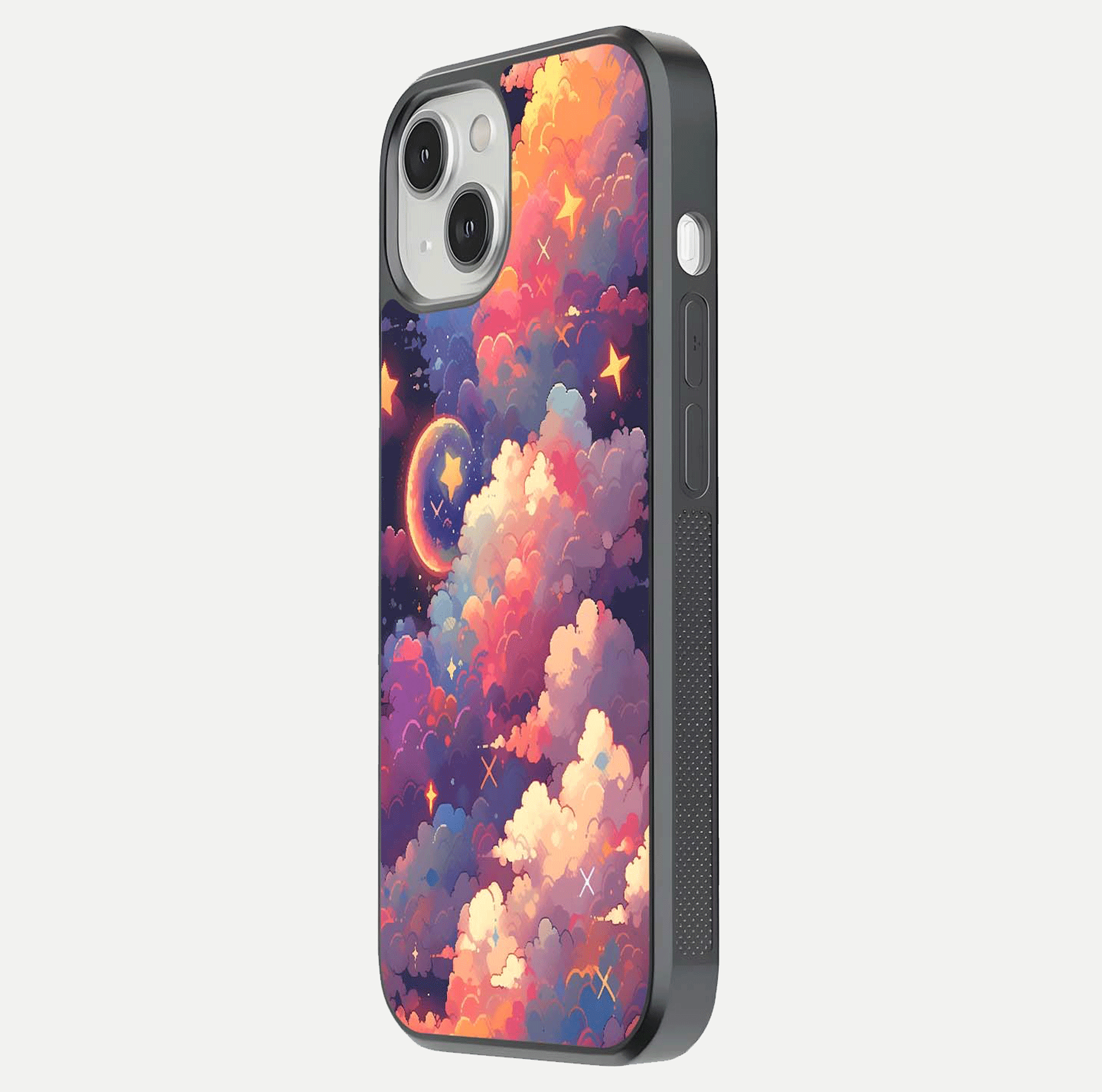 Starlit Dream Clouds Glass Case for iPhone 13 Mini side-angle image showing shine, reflection, and dreamy tones