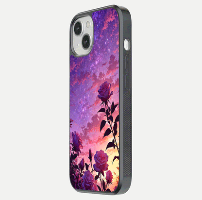 Starlit Rose Twilight Glass Case for iPhone 13 Mini side-angle image showing reflection and petal contrast
