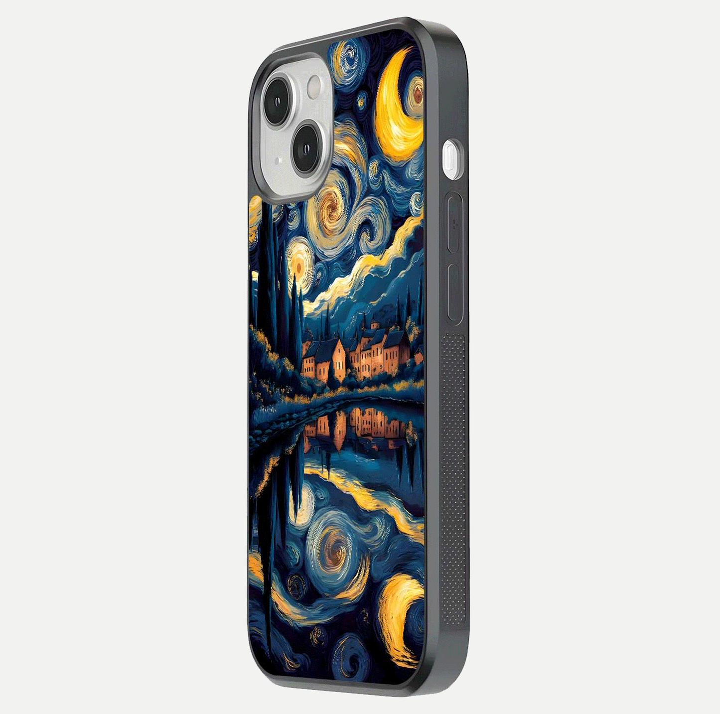 Starry Sky Serenity Glass Case for iPhone 13 Mini side-angle image showing reflection and night-sky detail