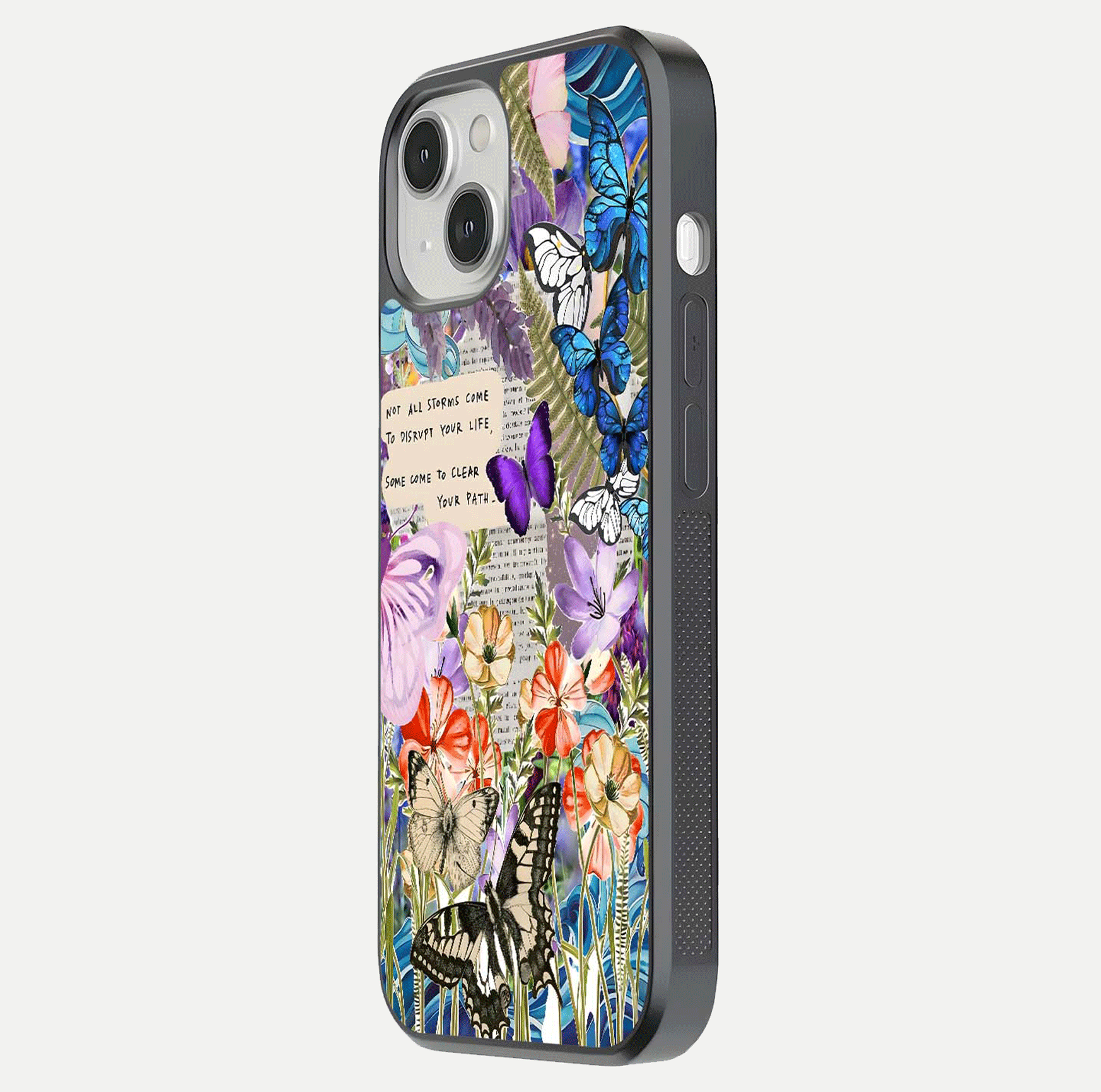 Storm Path Bloom Glass Case for iPhone 13 Mini side-angle image showing reflection, color contrast, and shine