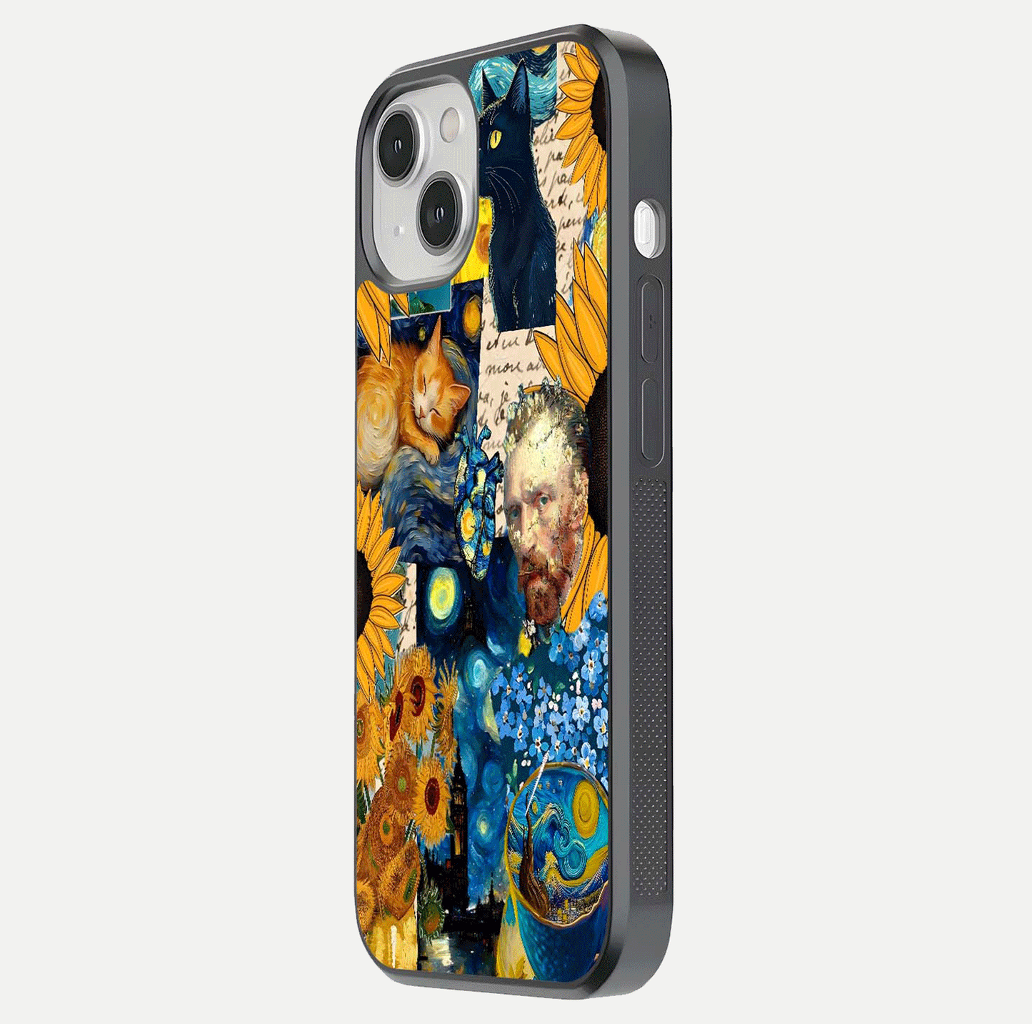 Sunflower Cat Art Glass Case for iPhone 13 Mini side-angle image showing shine, edges, and sunflower texture