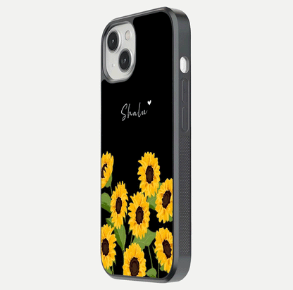 Sunflower Chic Mood Custom Name Glass Case for iPhone 13 Mini side-angle image showing reflection and yellow floral tone