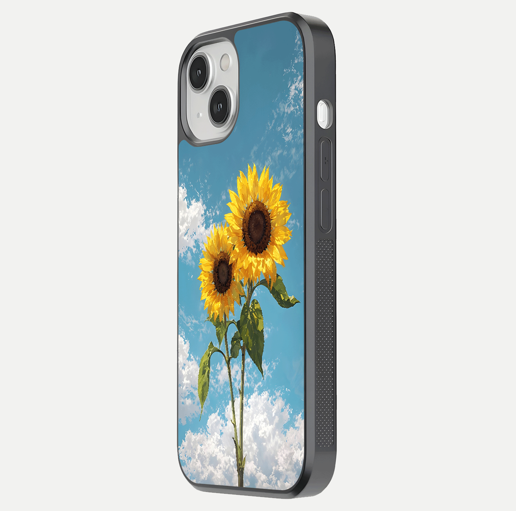 Sunflower Sky Bloom Glass Case for iPhone 13 Mini side-angle image showing reflection, edges, and sunflower color
